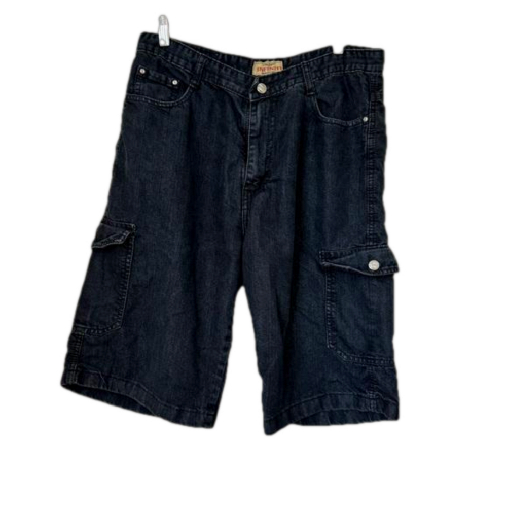 Infiniti black denim cargo shorts (11” inseam). Size 36